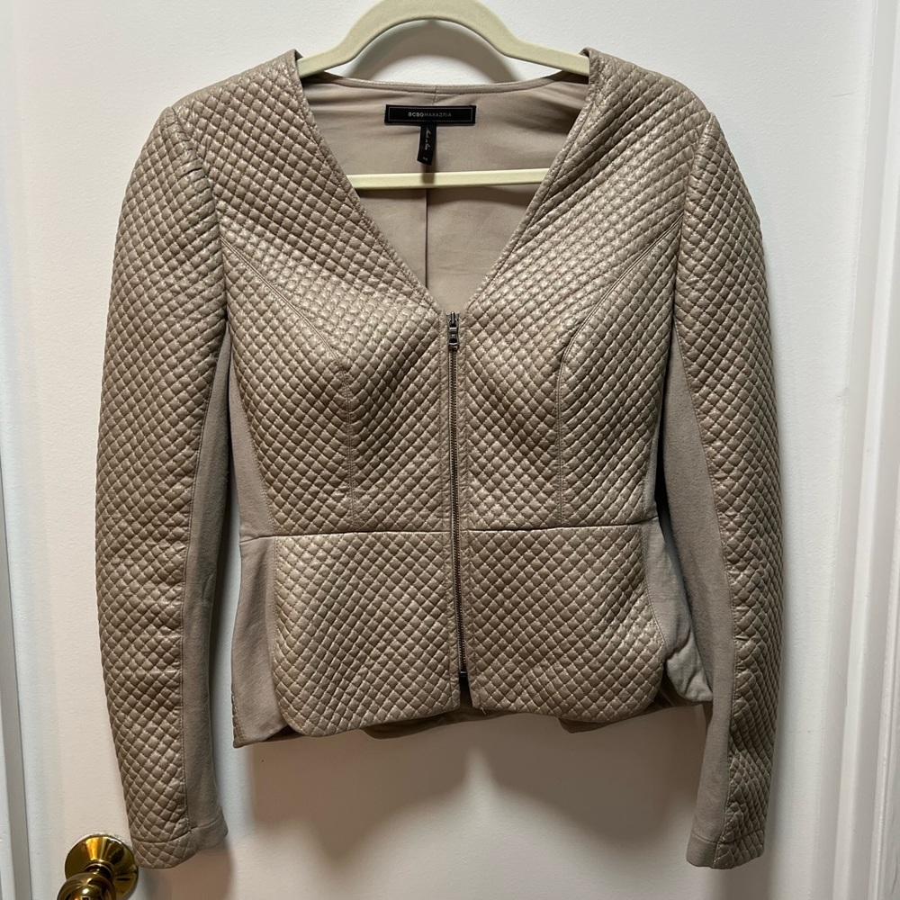 BCBG MAXAZRIA Pearson Quilted Faux Leather Tan Jacket, Size XS